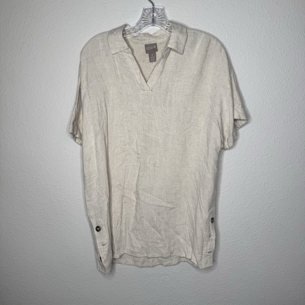 Chicos Linen Blend Split Neck  Top Beige Short Sleeve Side Button Size 1‎ M